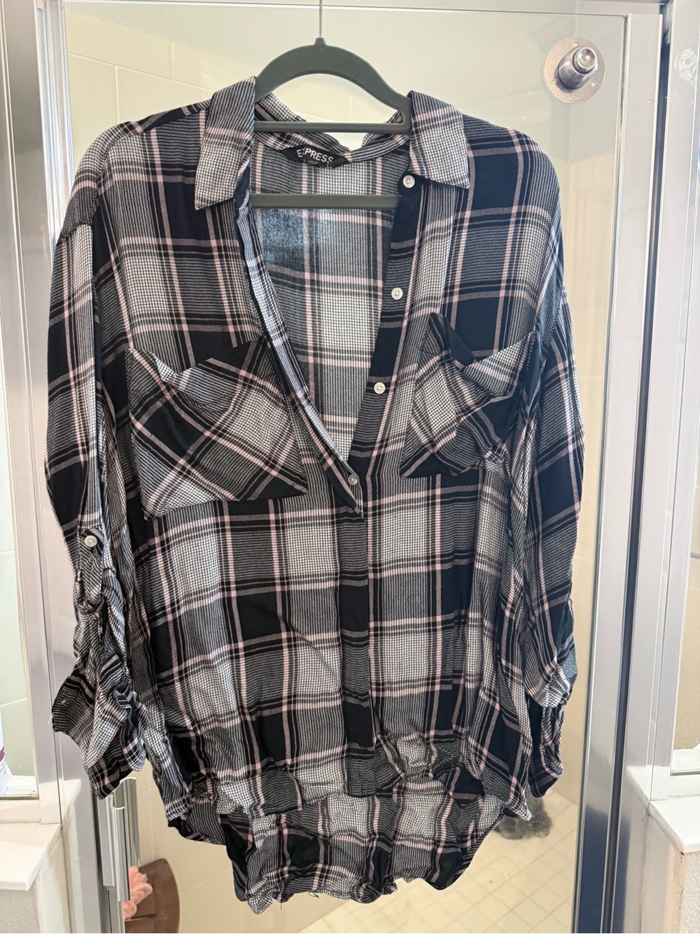 Express Pink and Black Plaid Button-Front Shirt